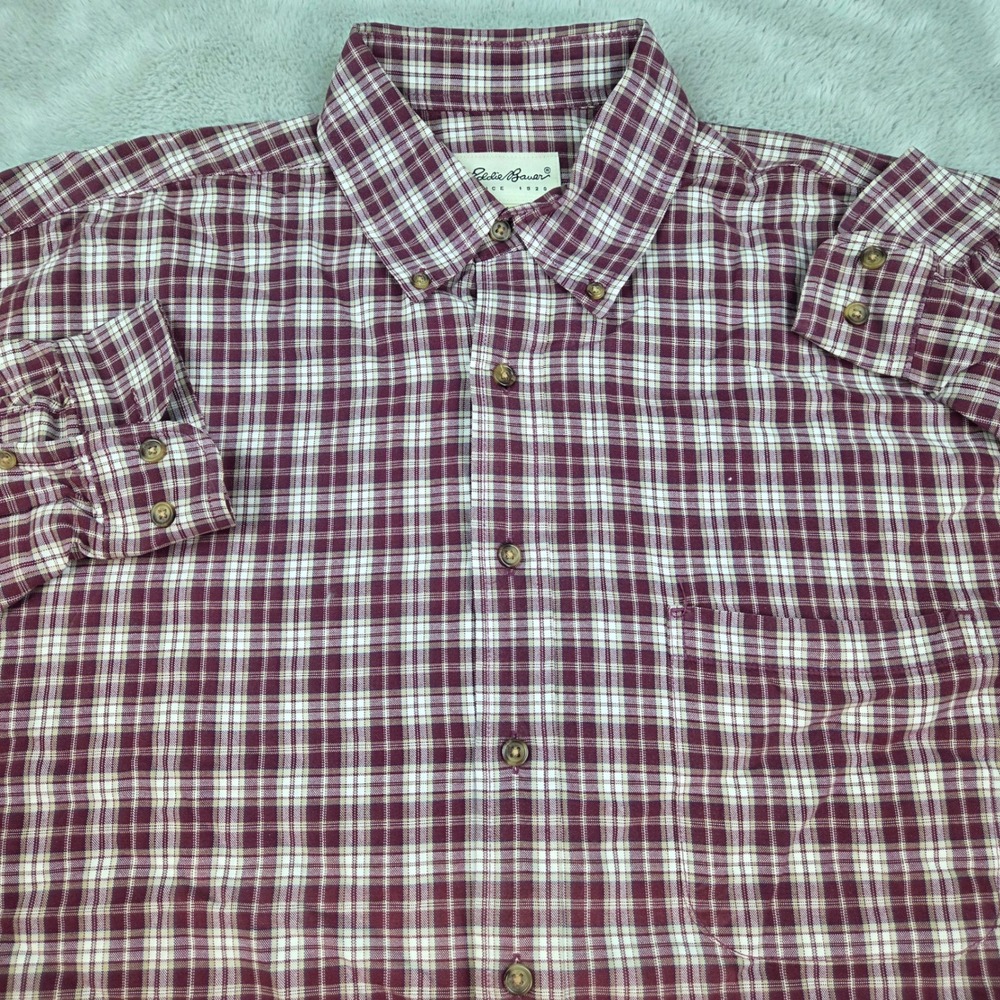 Eddie Bauer Button Down Shirt Mens L Tall Plaid Long Sleeve Cotton Burgundy Red
